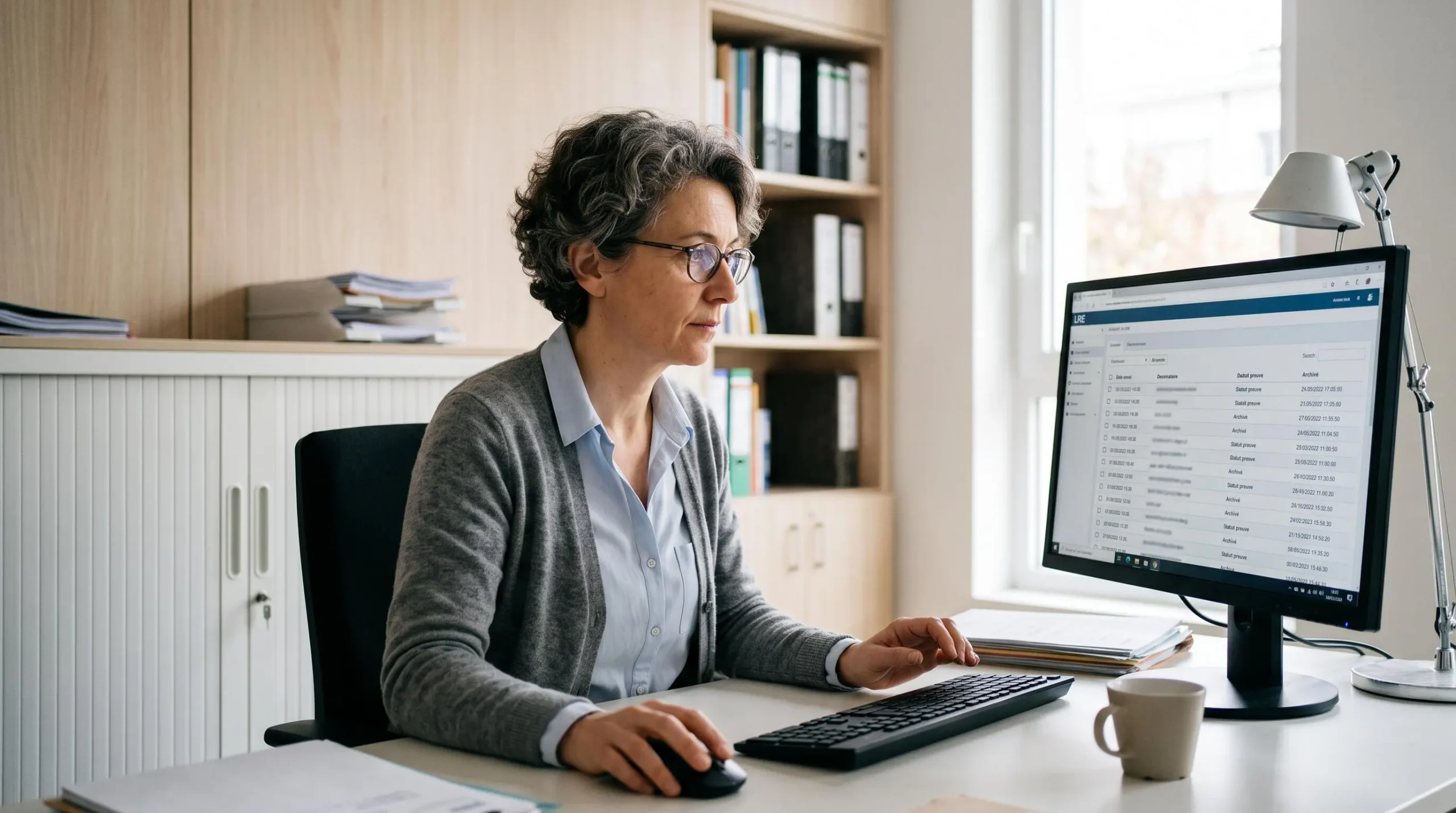 Responsable conformité consultant l'historique archivé d'envois de lettres recommandées électroniques certifiées avec horodatages sur interface de gestion